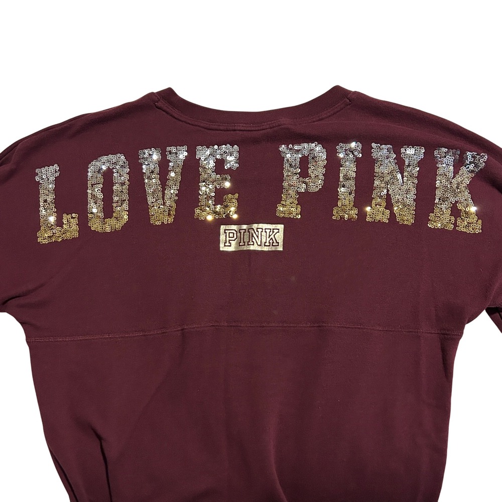 Victoria's Secret PINK Burgundy Sequin Logo Spirit Jersey Sweatshirt Women's M - Picture 4 of 7